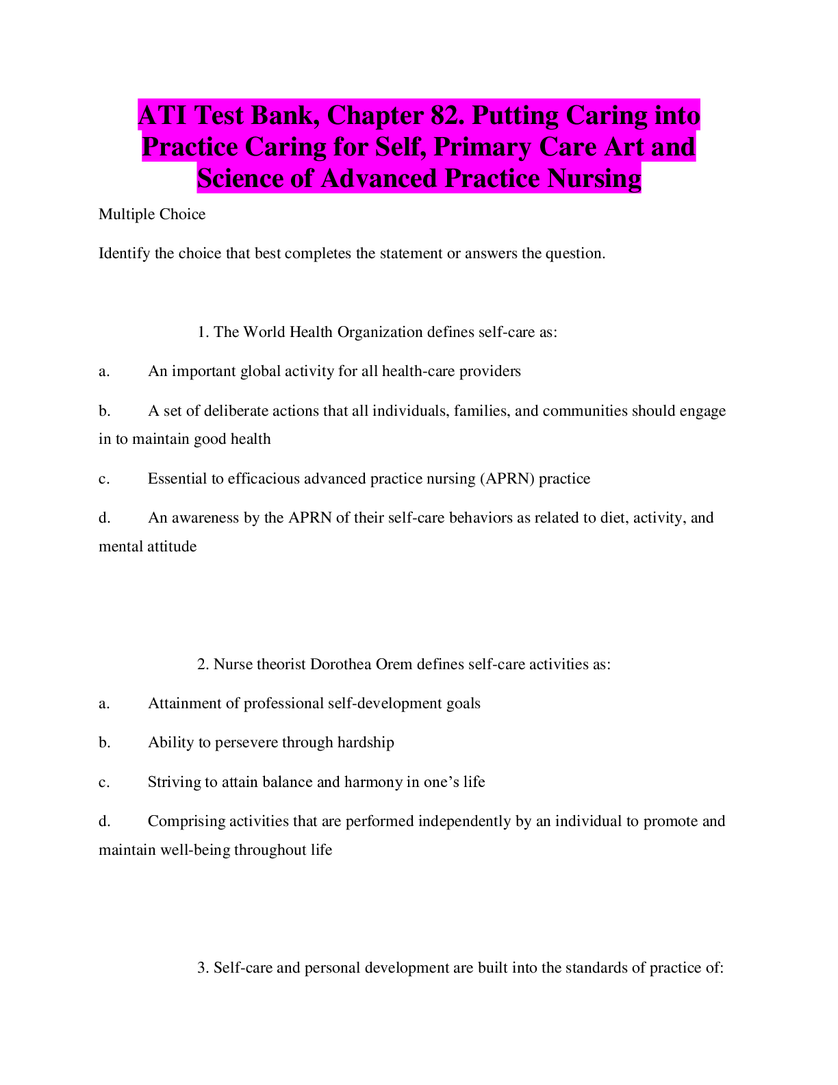 Preview image for ATI Test Bank, Chapter 82. Putting Caring into Practice Caring for Self, Primary Care Art and Science of Advanced Practice Nursing